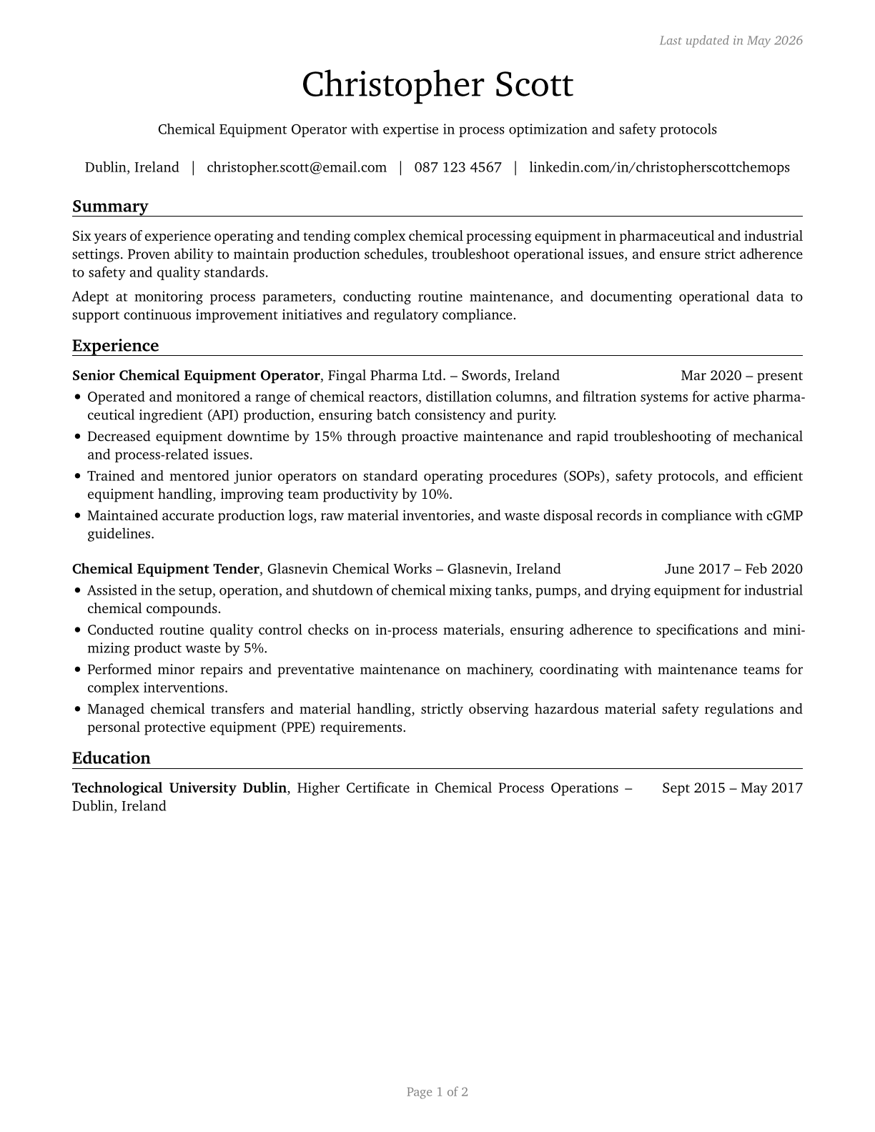 Chemical Equipment Operators and Tenders CV in English — page 1