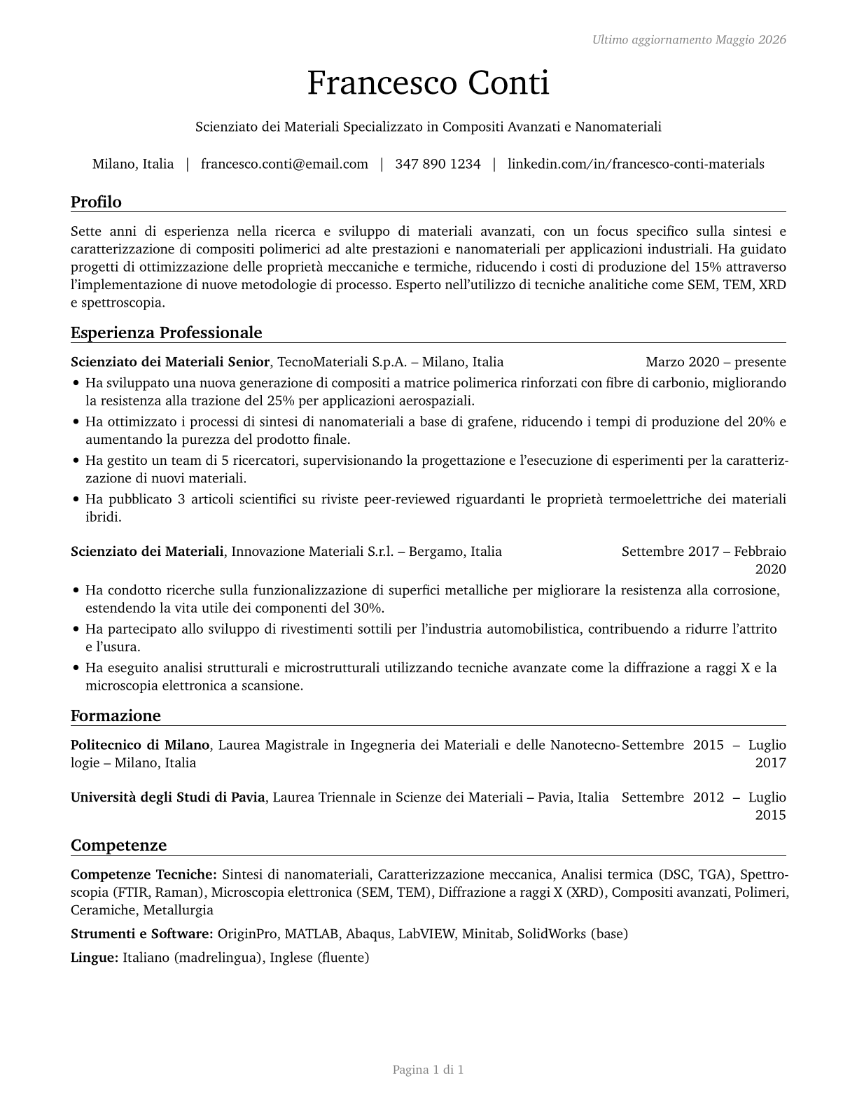Materials Scientists CV in Italian — page 1