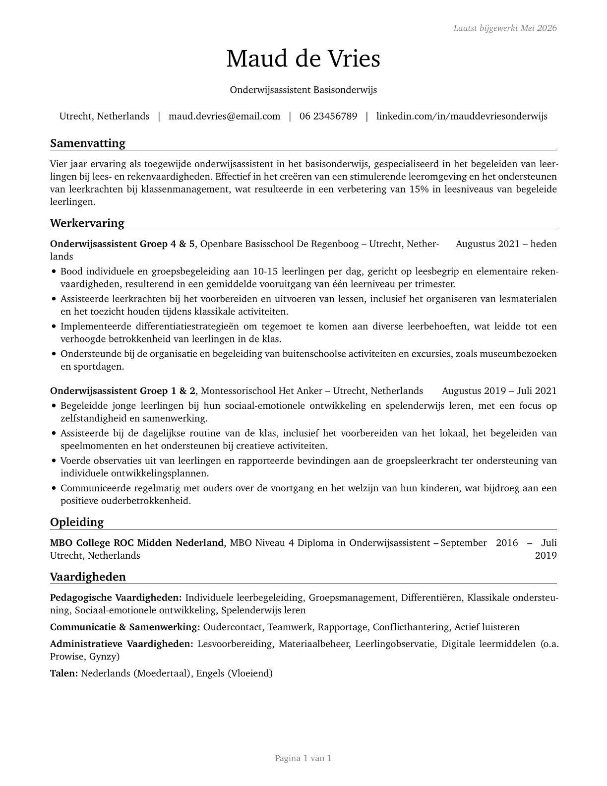 Teaching Assistants, Preschool, Elementary, Middle, and Secondary School, Except Special Education CV in Dutch — page 1