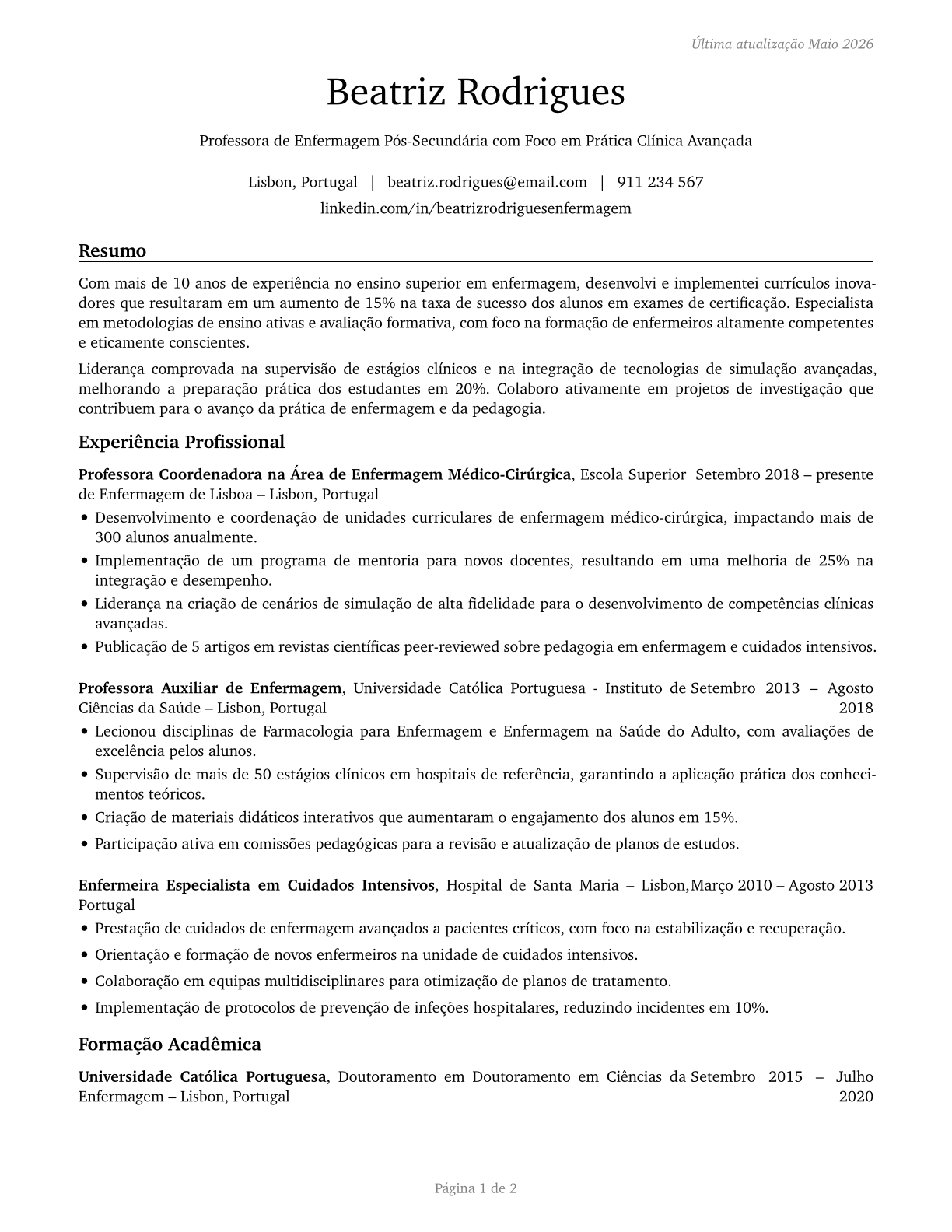 Nursing Instructors and Teachers, Postsecondary CV in Portuguese — page 1