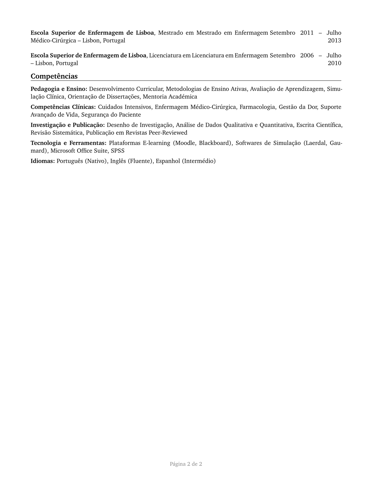 Nursing Instructors and Teachers, Postsecondary CV in Portuguese — page 2