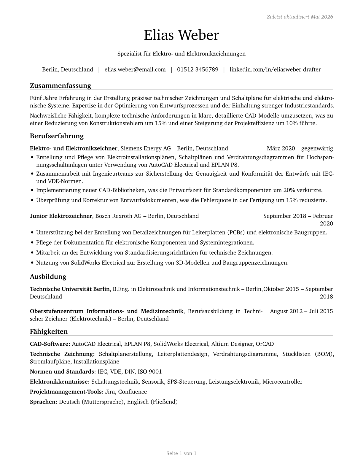 Electrical and Electronics Drafters CV in German — page 1