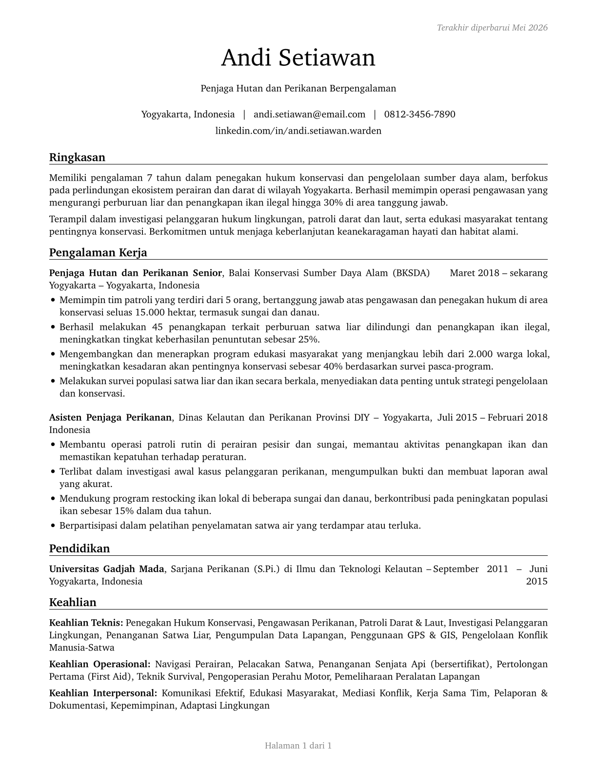 Fish and Game Wardens CV in Indonesian — page 1