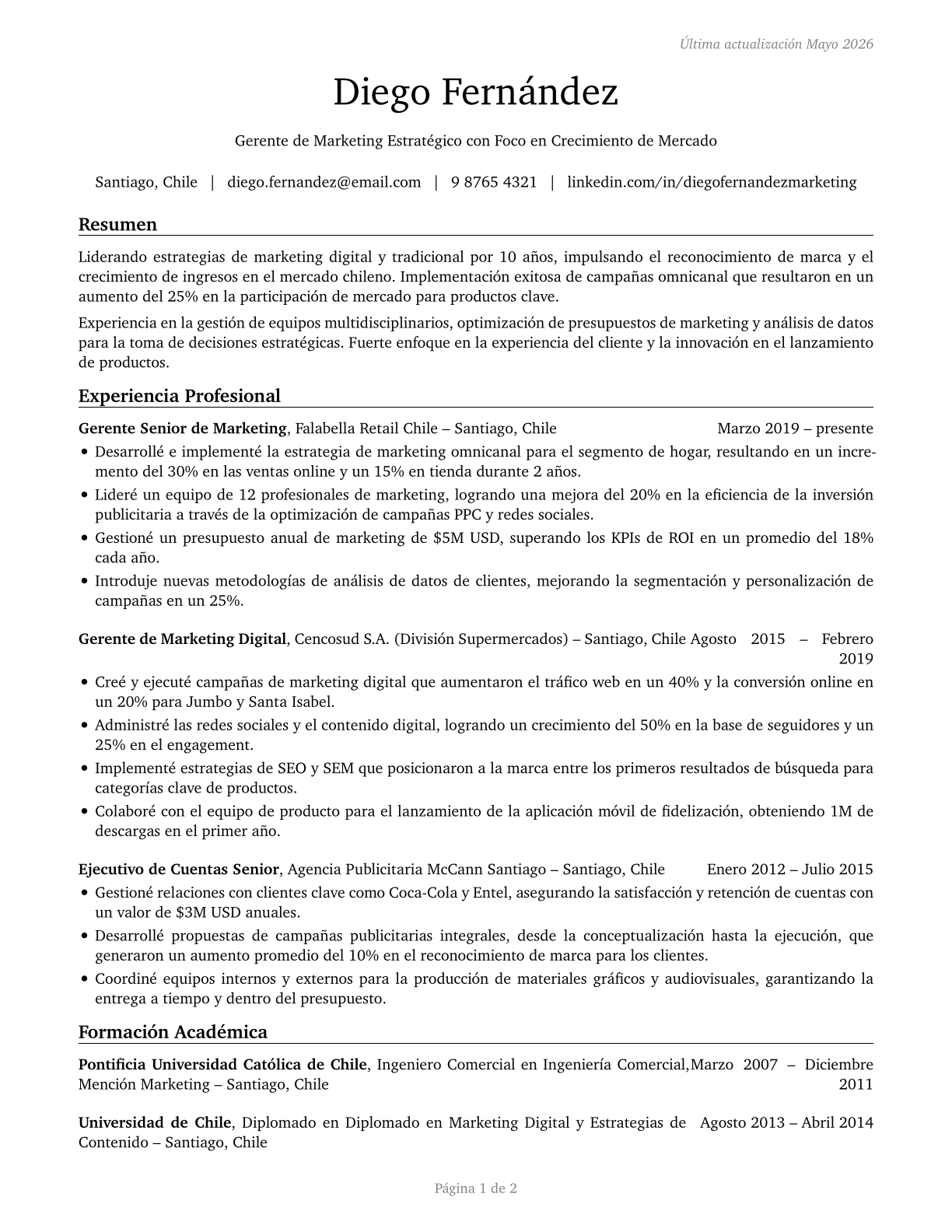 Marketing Managers CV in Spanish — page 1