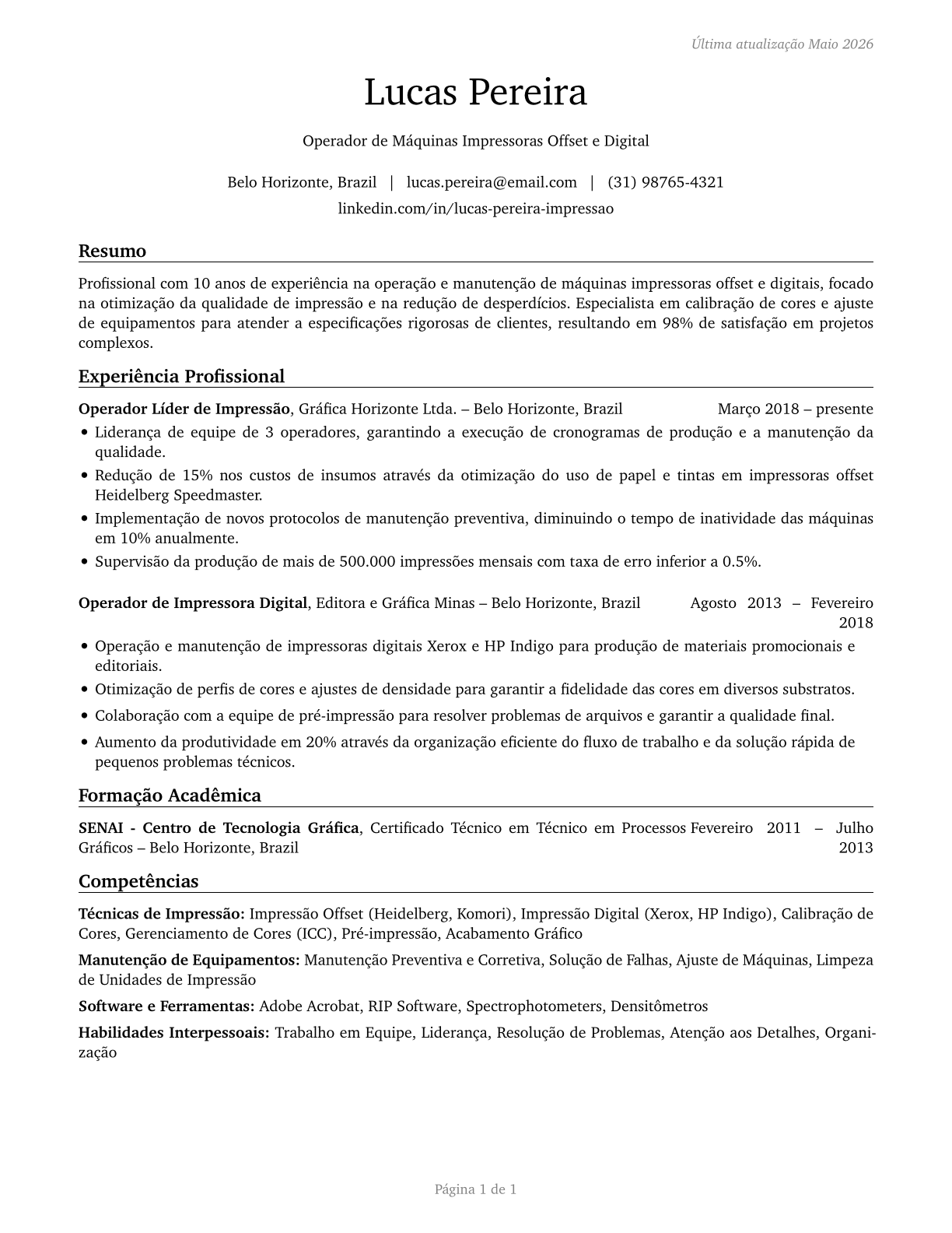 Printing Press Operators CV in Portuguese — page 1