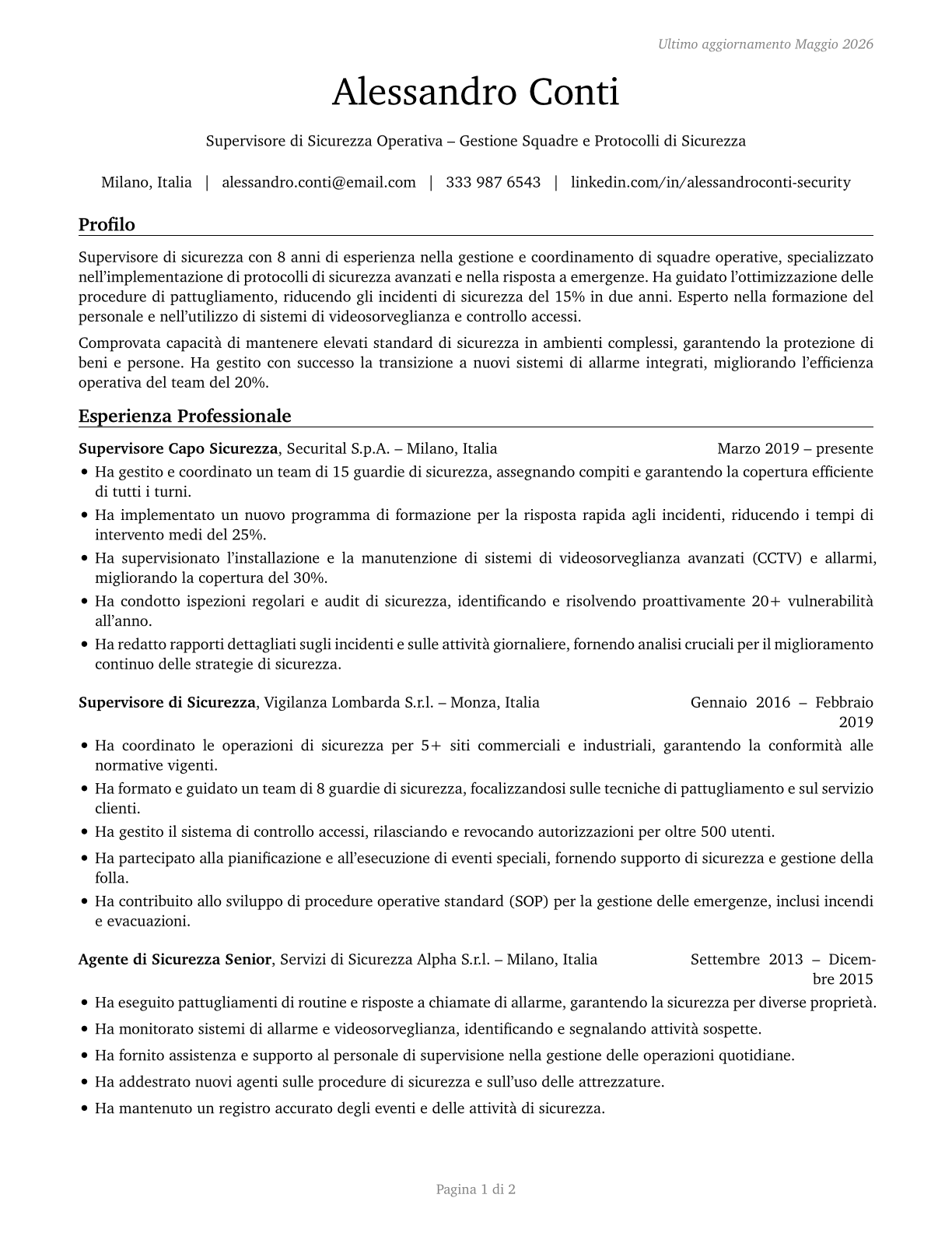 First-Line Supervisors of Security Workers CV in Italian — page 1