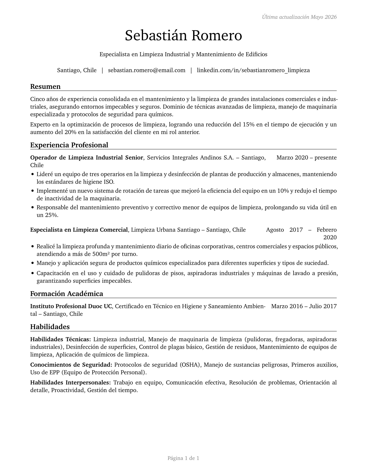 Janitors and Cleaners, Except Maids and Housekeeping Cleaners CV in Spanish — page 1