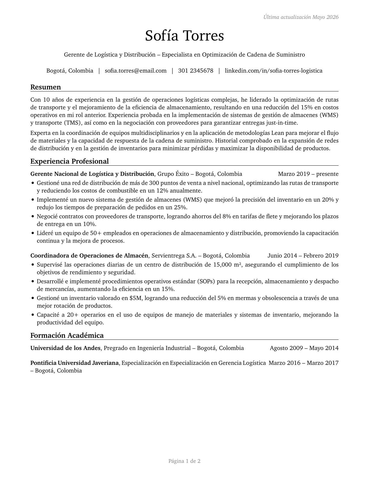 Transportation, Storage, and Distribution Managers CV in Spanish — page 1