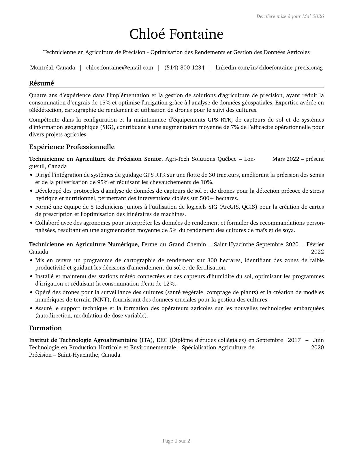 Precision Agriculture Technicians CV in French — page 1