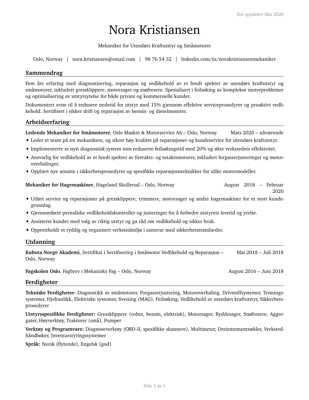 Outdoor Power Equipment and Other Small Engine Mechanics CV in Norwegian_bokmal — page 1