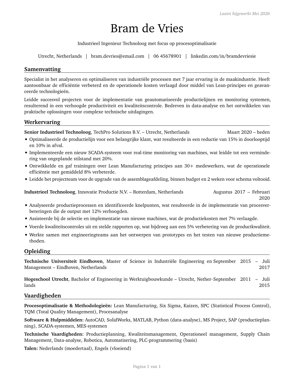 Industrial Engineering Technologists and Technicians CV in Dutch — page 1