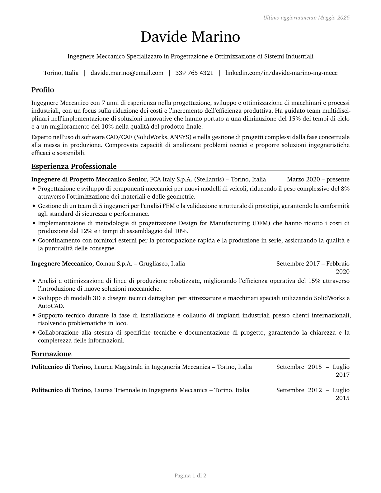 Mechanical Engineers CV in Italian — page 1