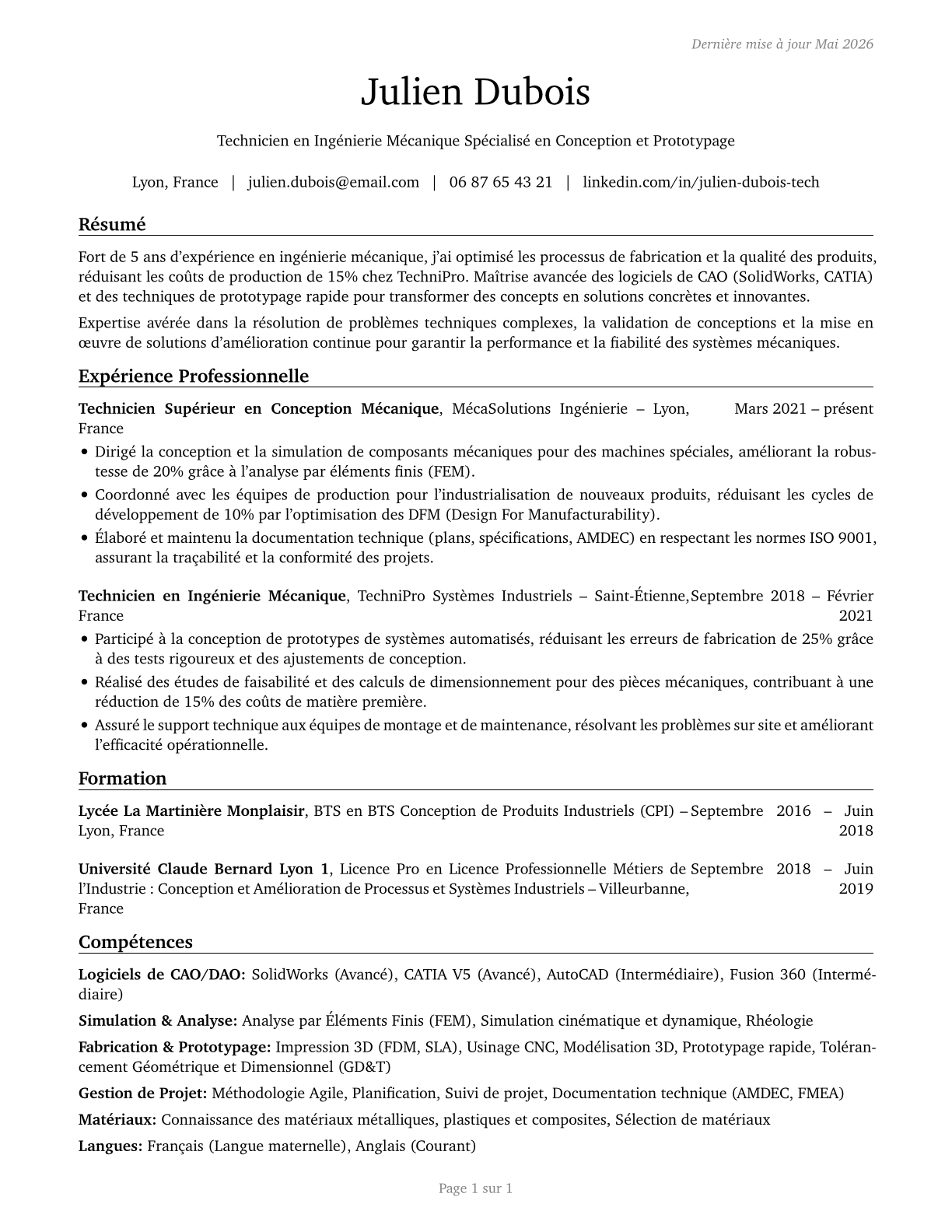 Mechanical Engineering Technologists and Technicians CV in French — page 1