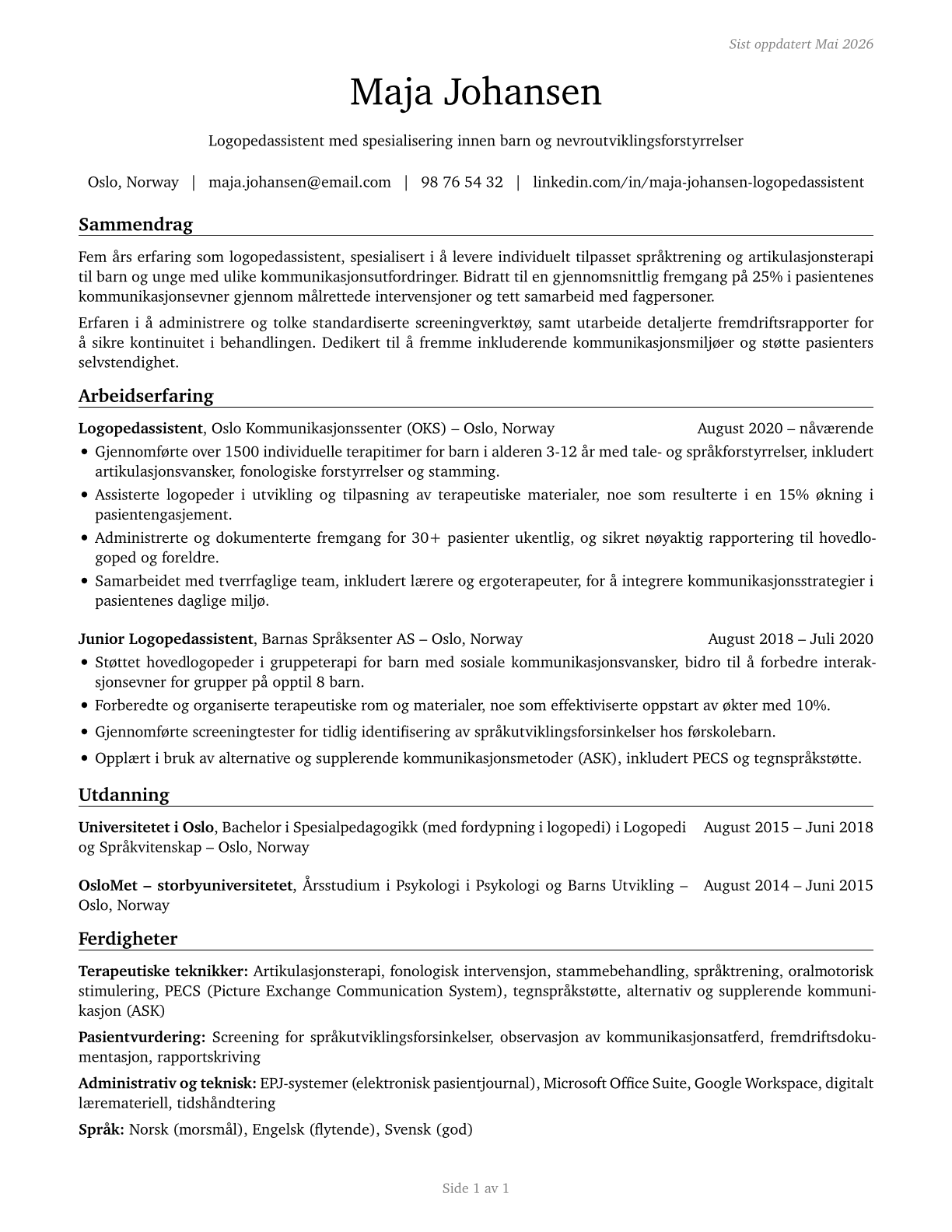 Speech-Language Pathology Assistants CV in Norwegian_bokmal — page 1
