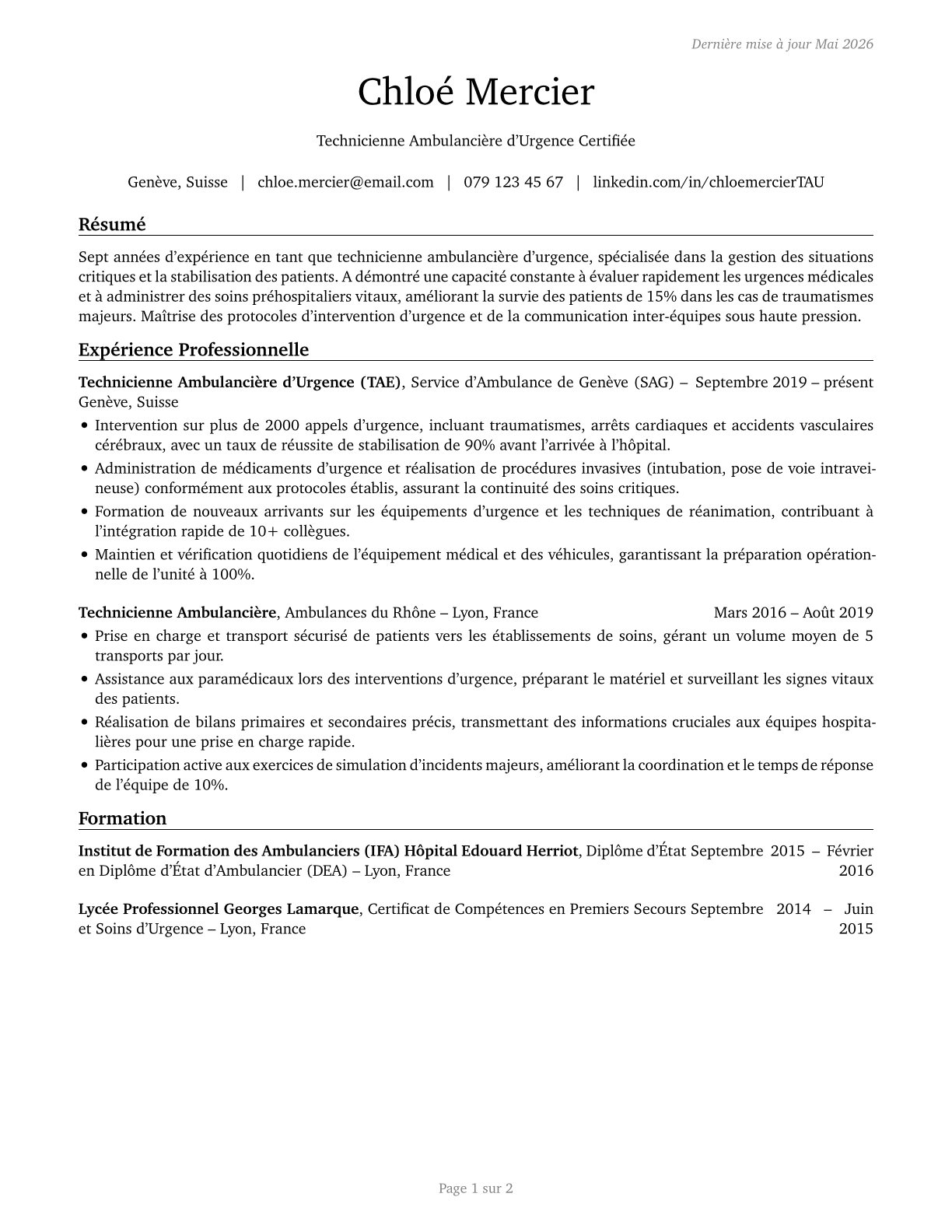 Emergency Medical Technicians CV in French — page 1