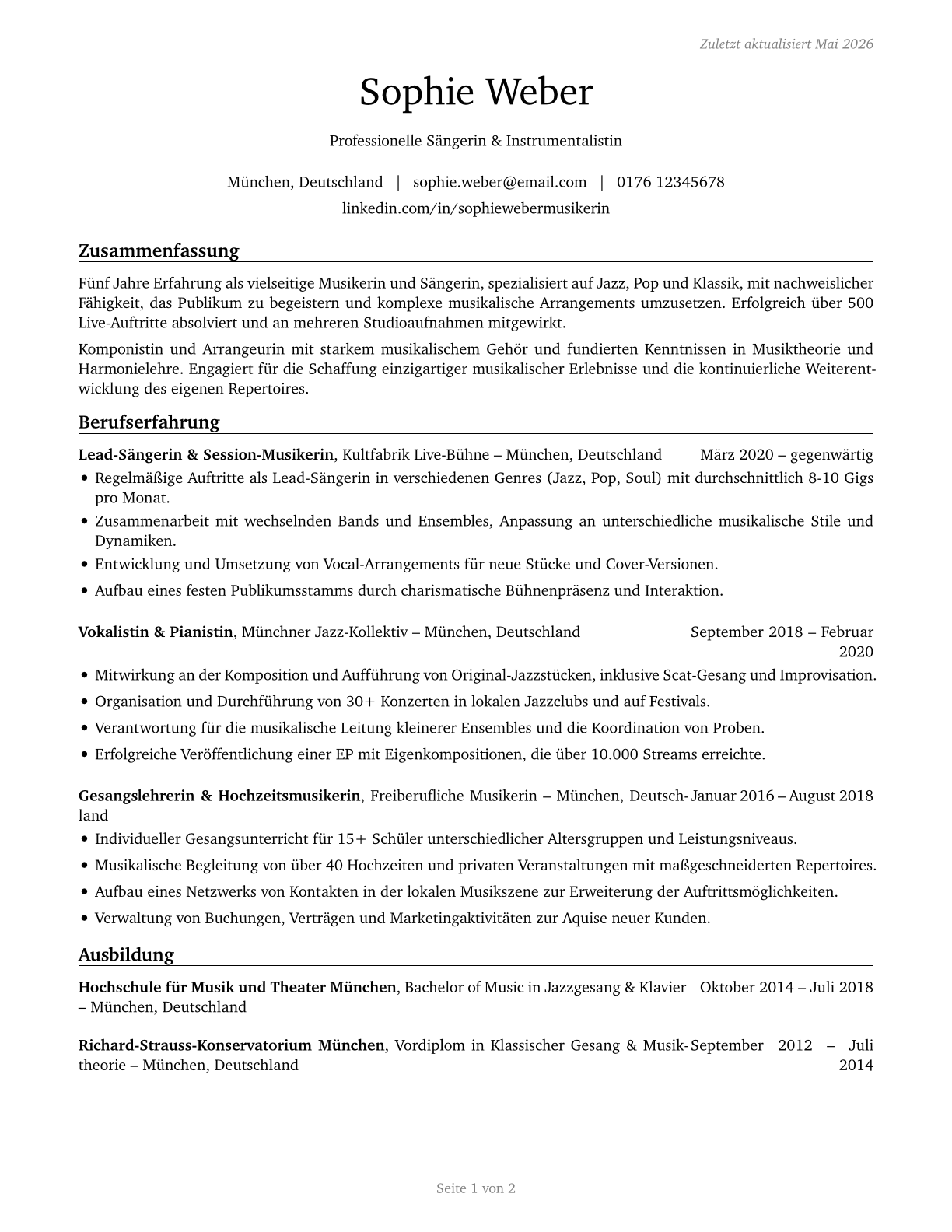 Musicians and Singers CV in German — page 1