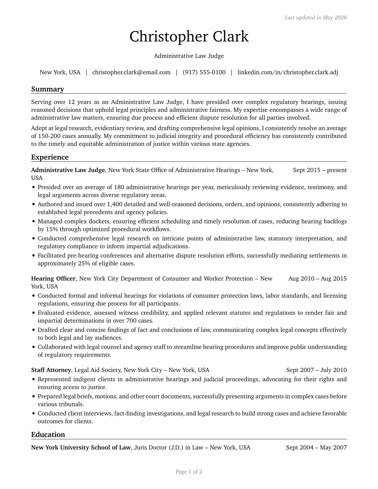 Administrative Law Judges, Adjudicators, and Hearing Officers CV in English — page 1