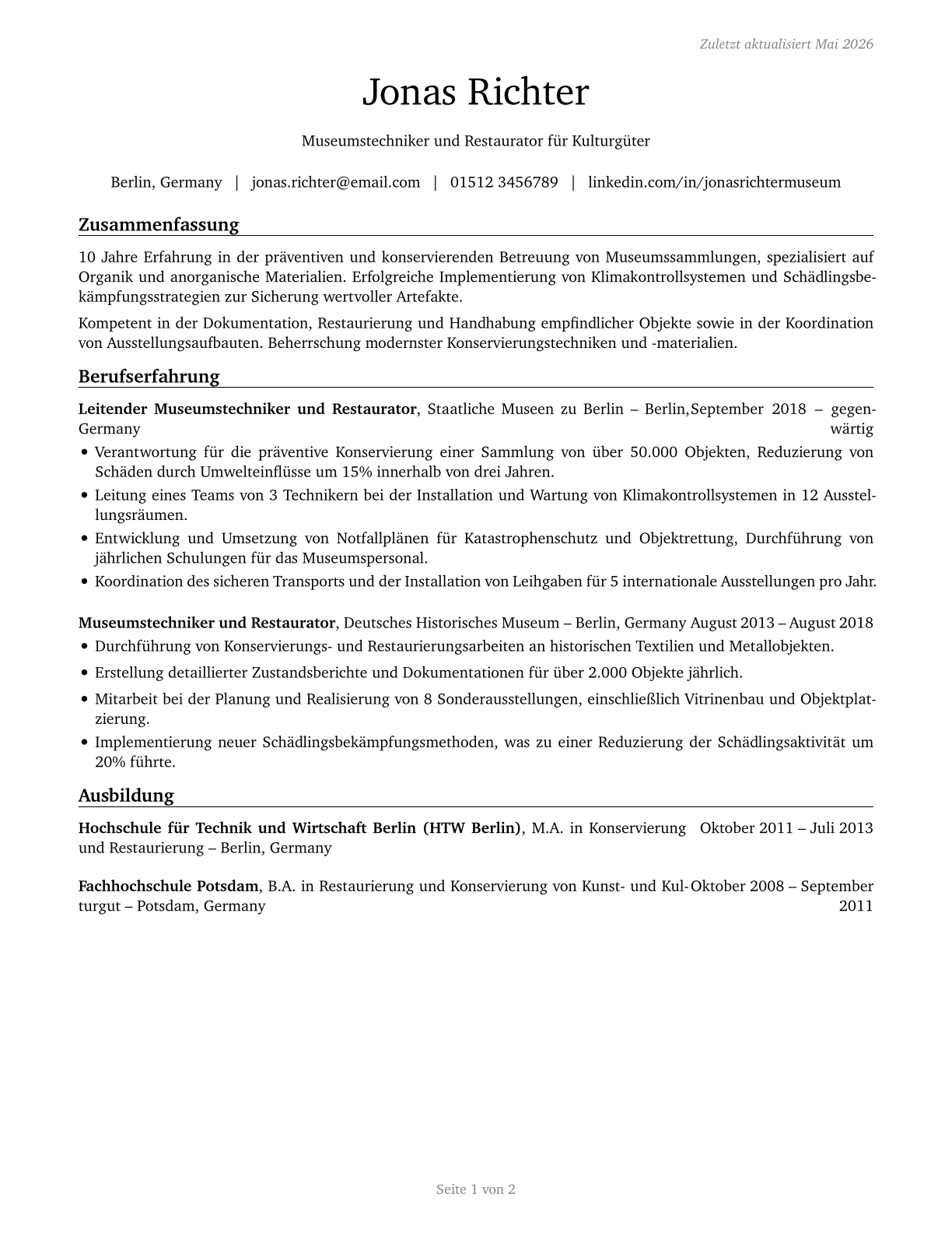 Museum Technicians and Conservators CV in German — page 1