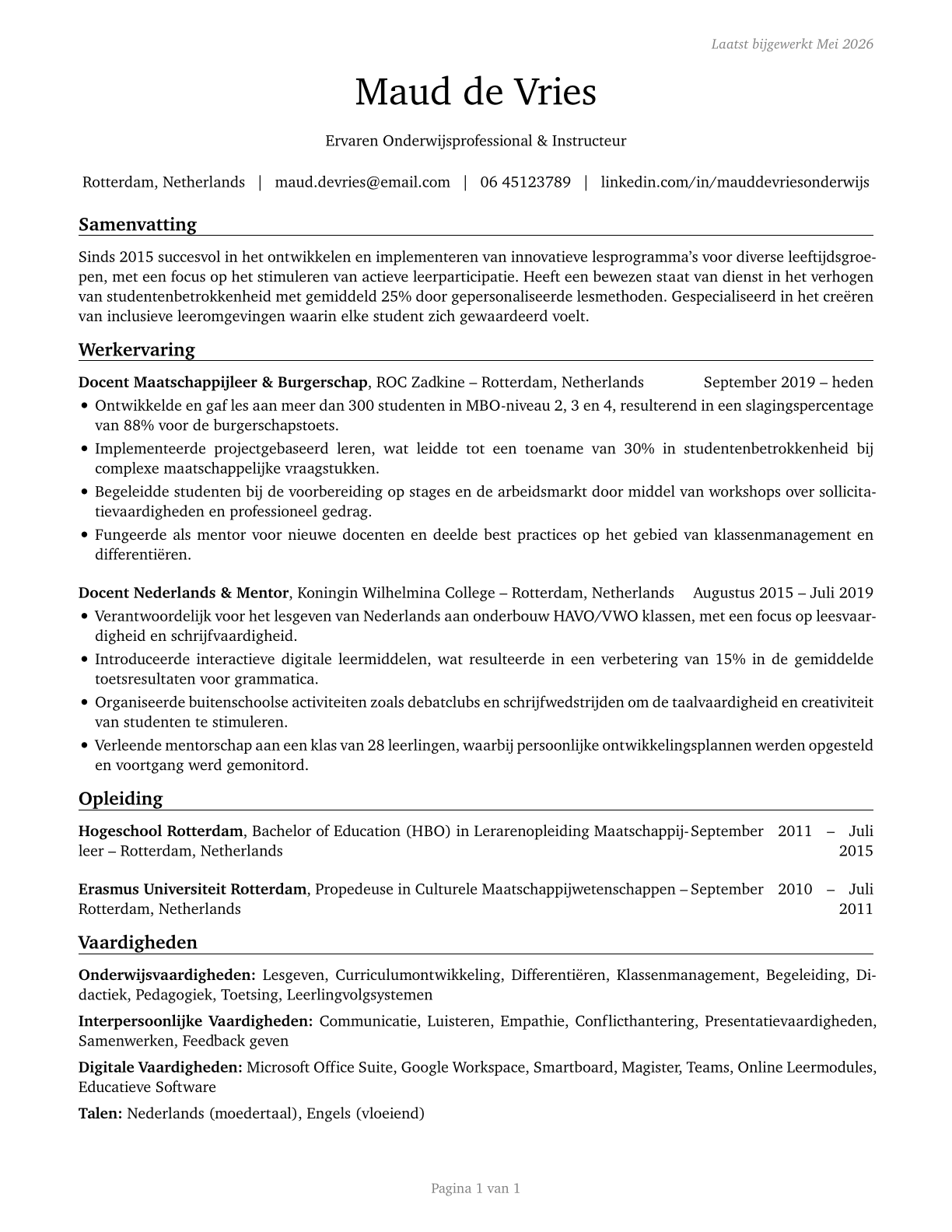 Teachers and Instructors, All Other CV in Dutch — page 1