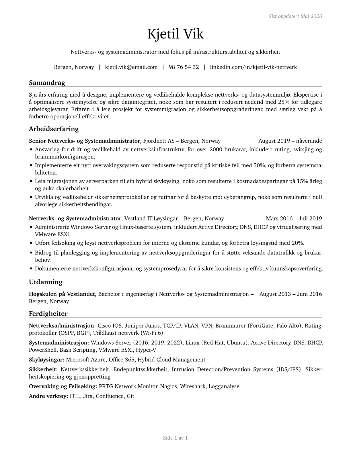 Network and Computer Systems Administrators CV in Norwegian_nynorsk — page 1