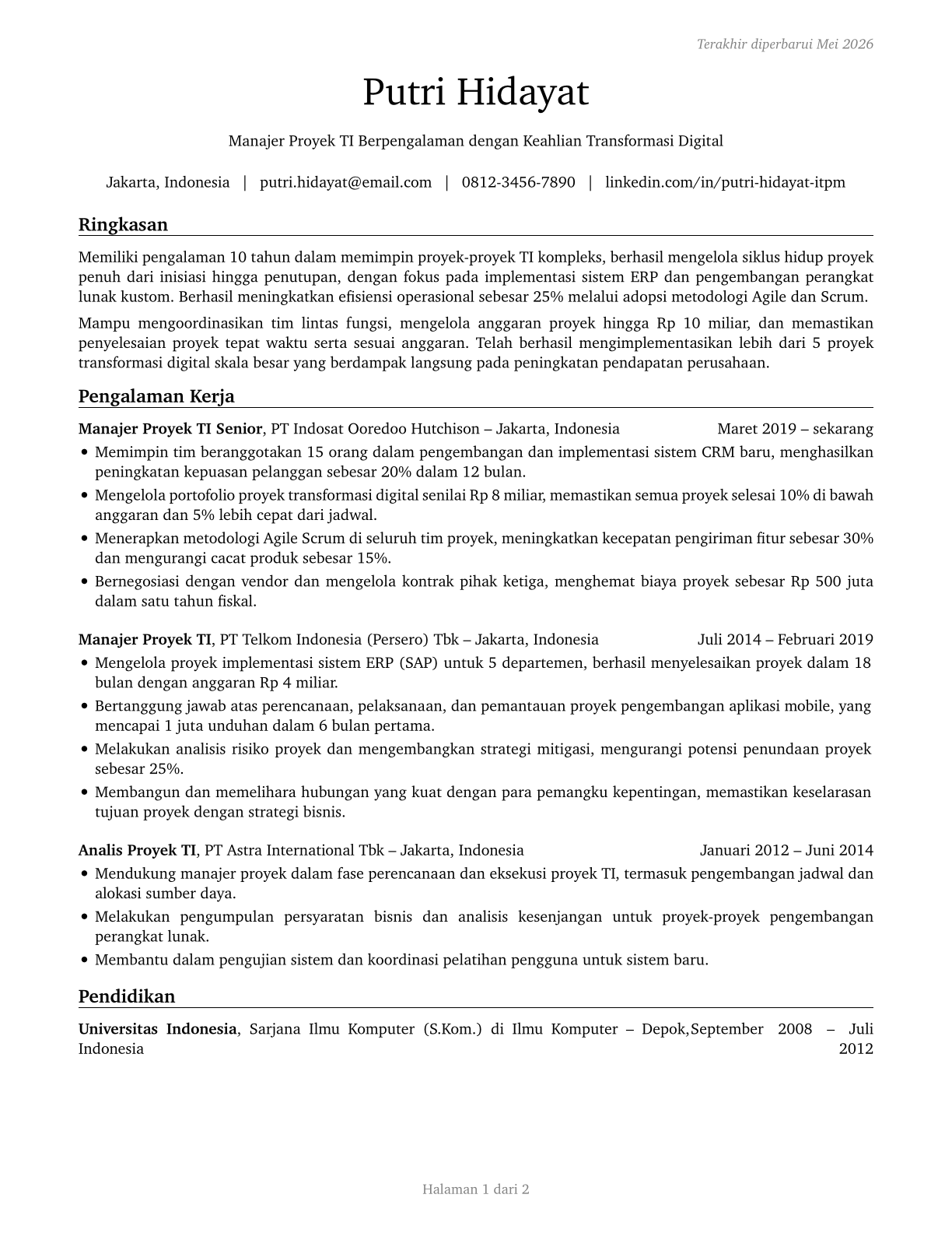 Information Technology Project Managers CV in Indonesian — page 1