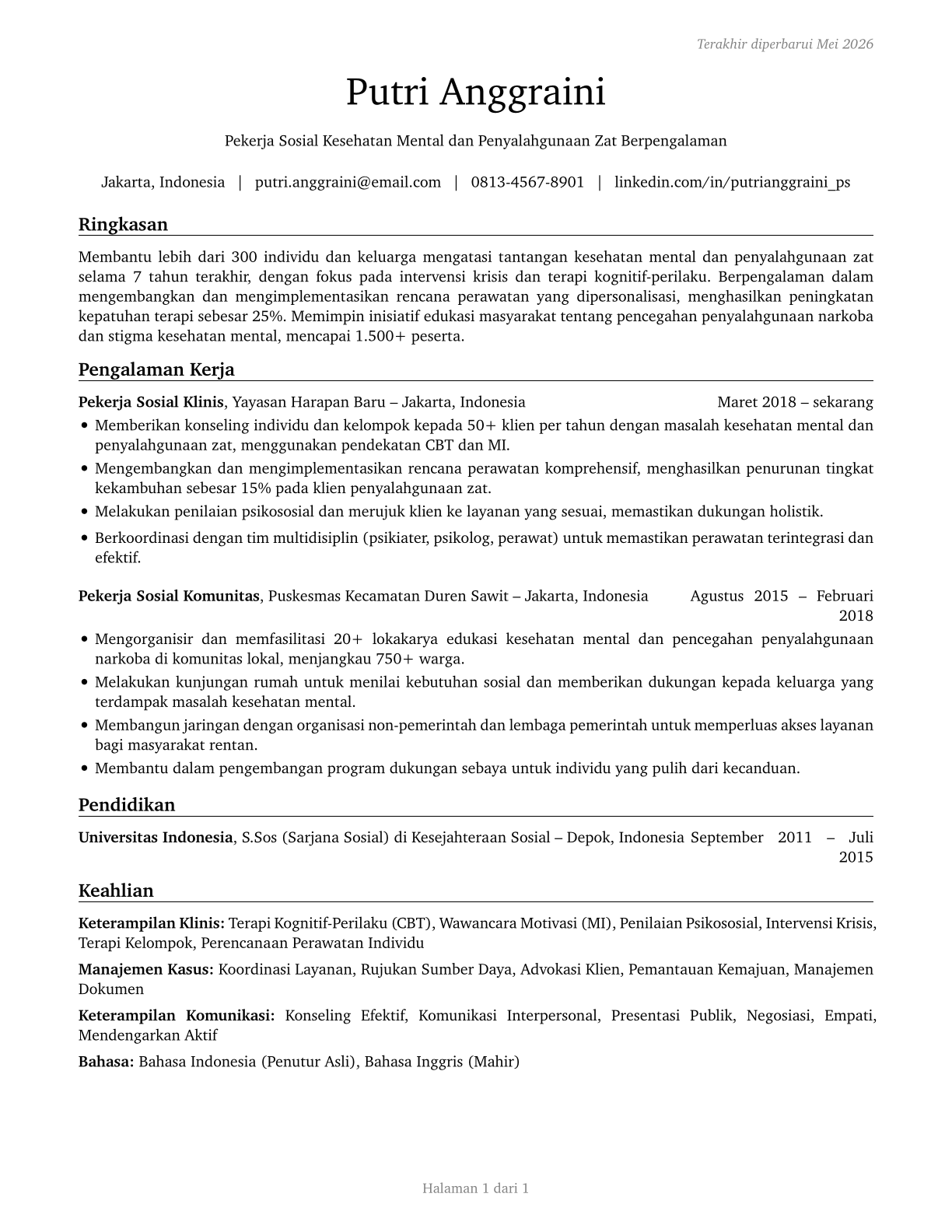 Mental Health and Substance Abuse Social Workers CV in Indonesian — page 1