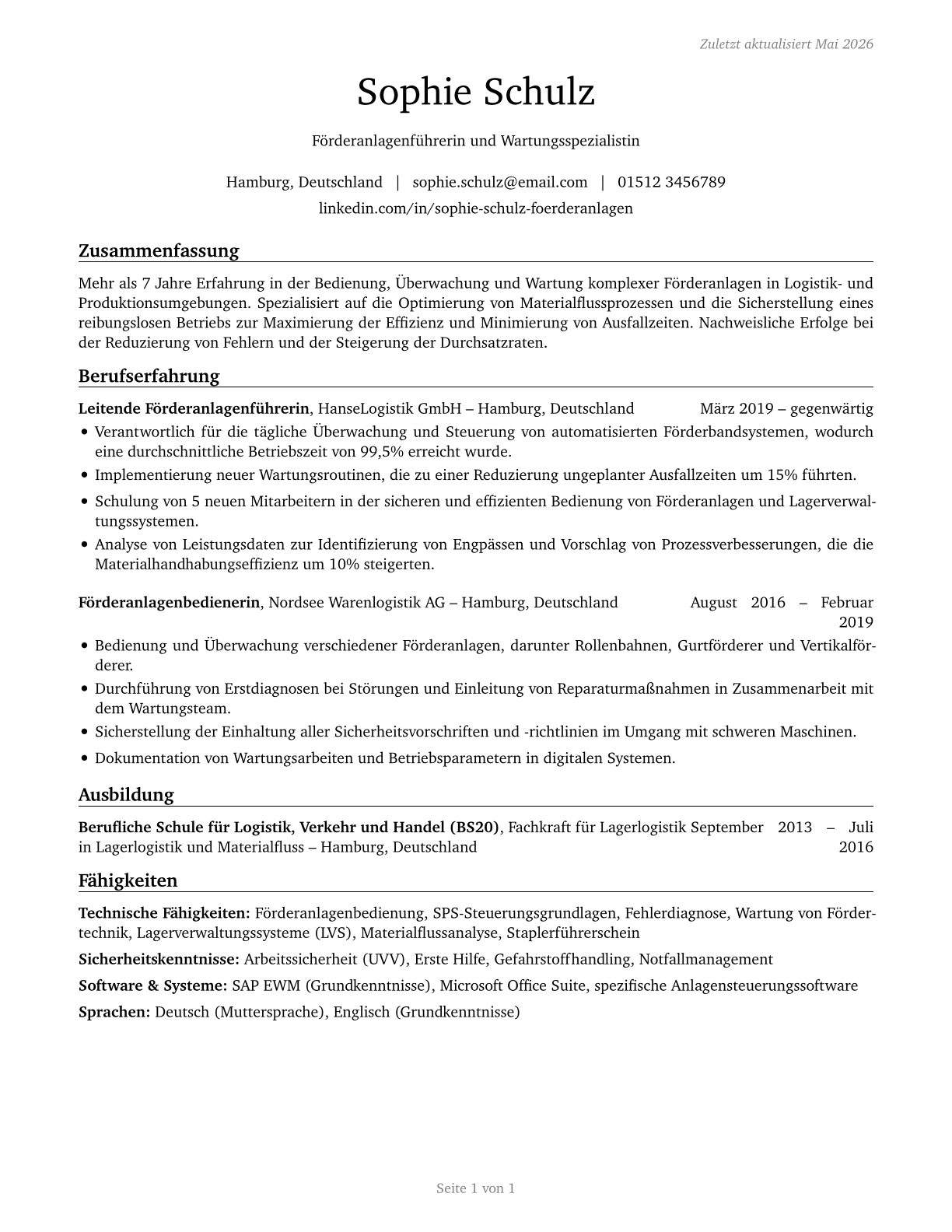 Conveyor Operators and Tenders CV in German — page 1