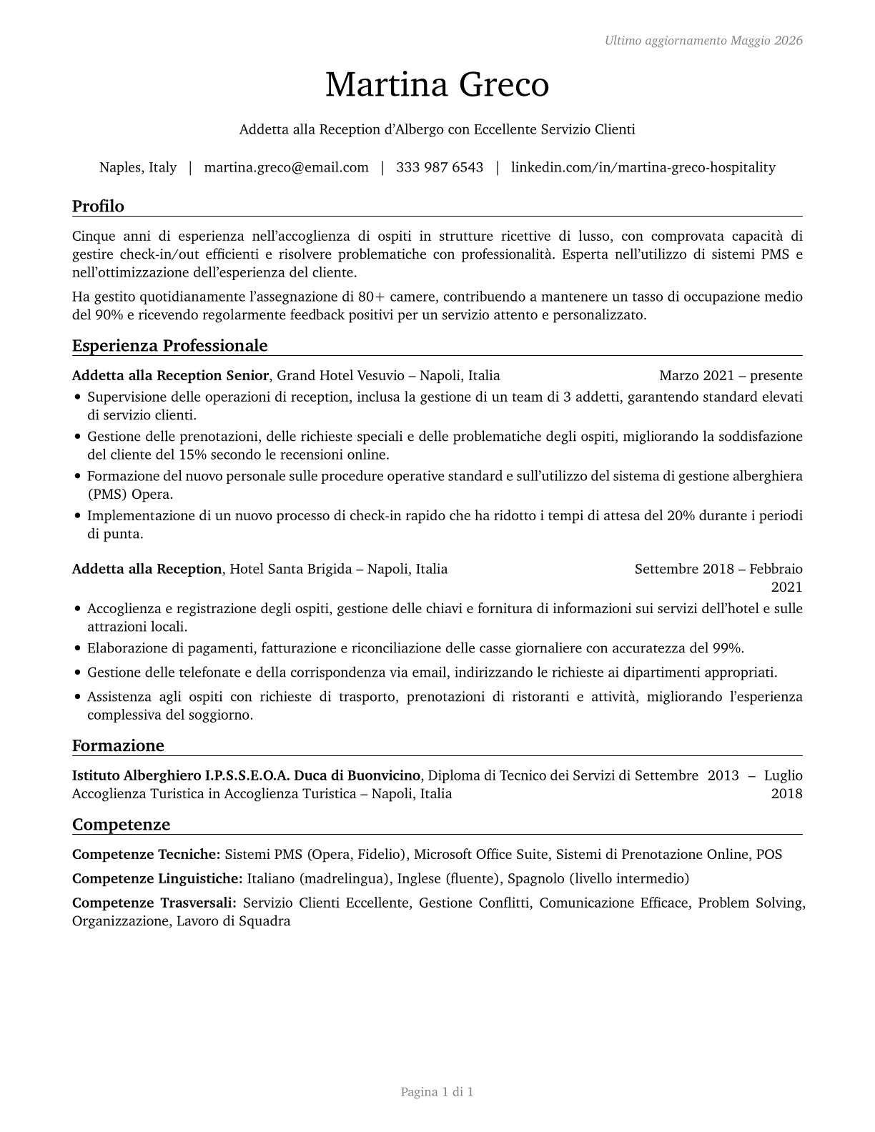 Hotel, Motel, and Resort Desk Clerks CV in Italian — page 1