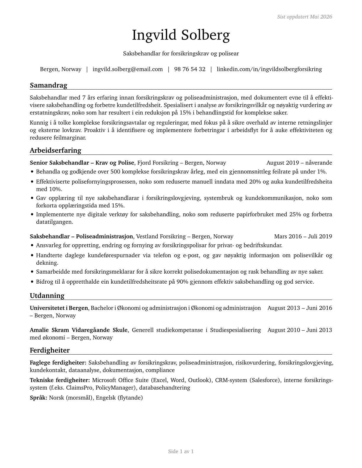 Insurance Claims and Policy Processing Clerks CV in Norwegian_nynorsk — page 1