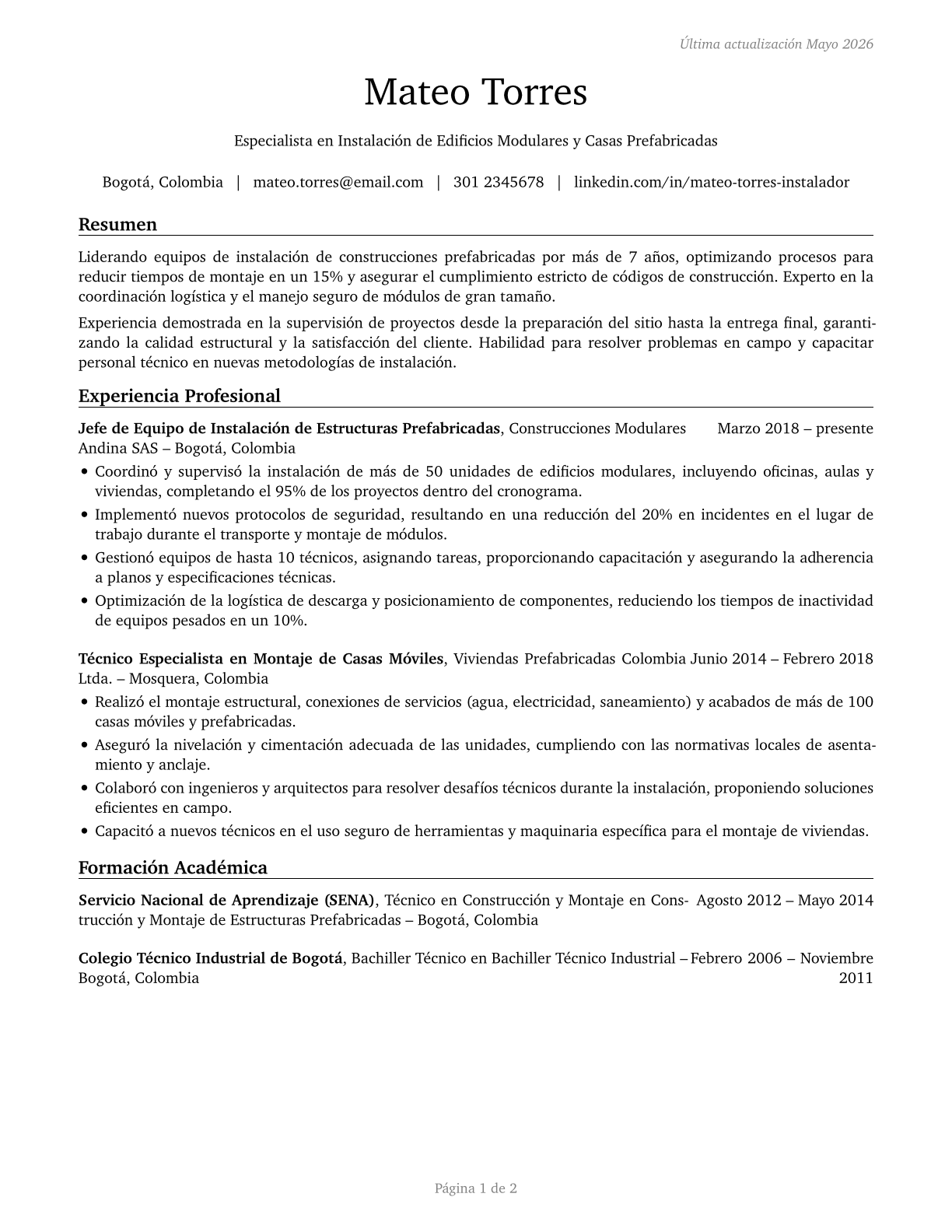 Manufactured Building and Mobile Home Installers CV in Spanish — page 1