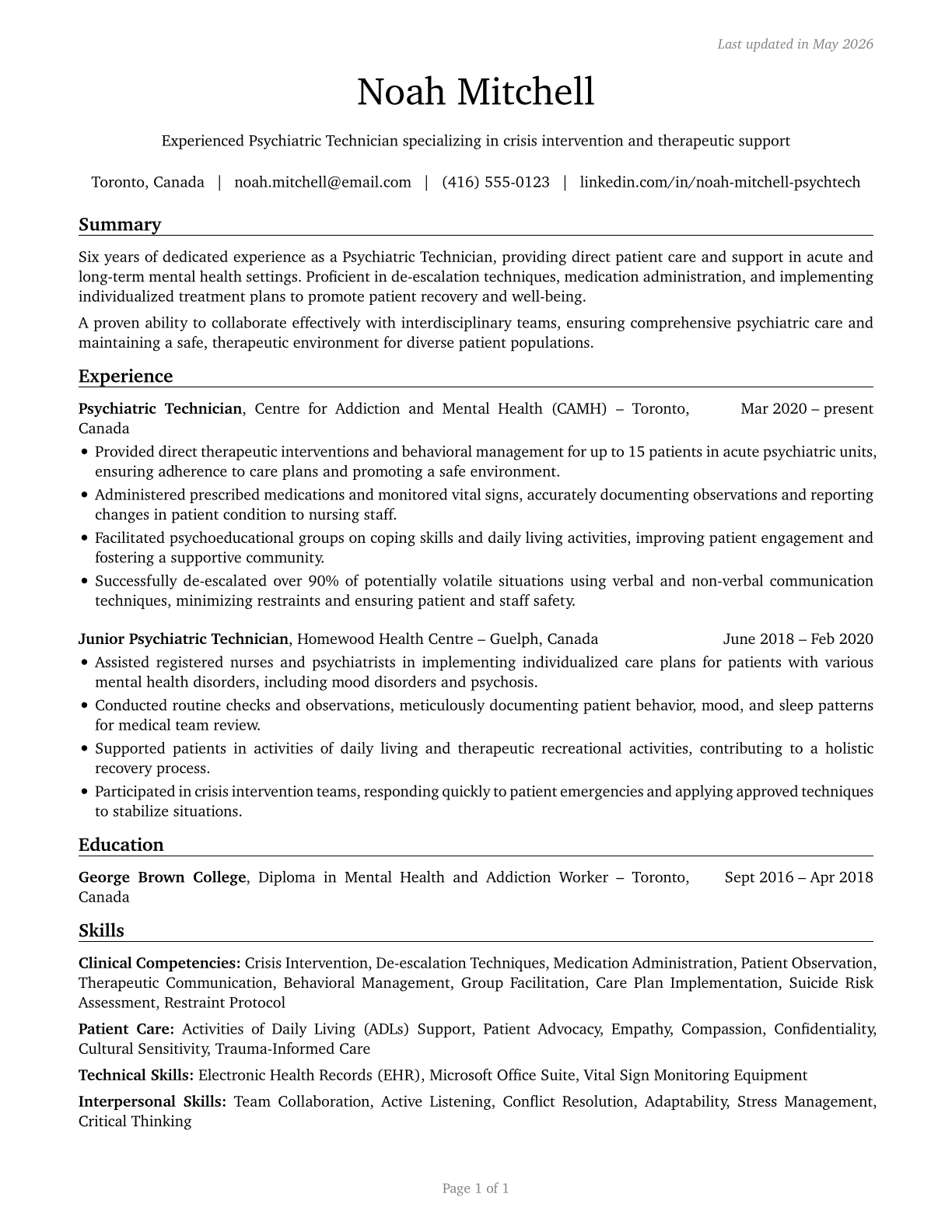 Psychiatric Technicians CV in English — page 1