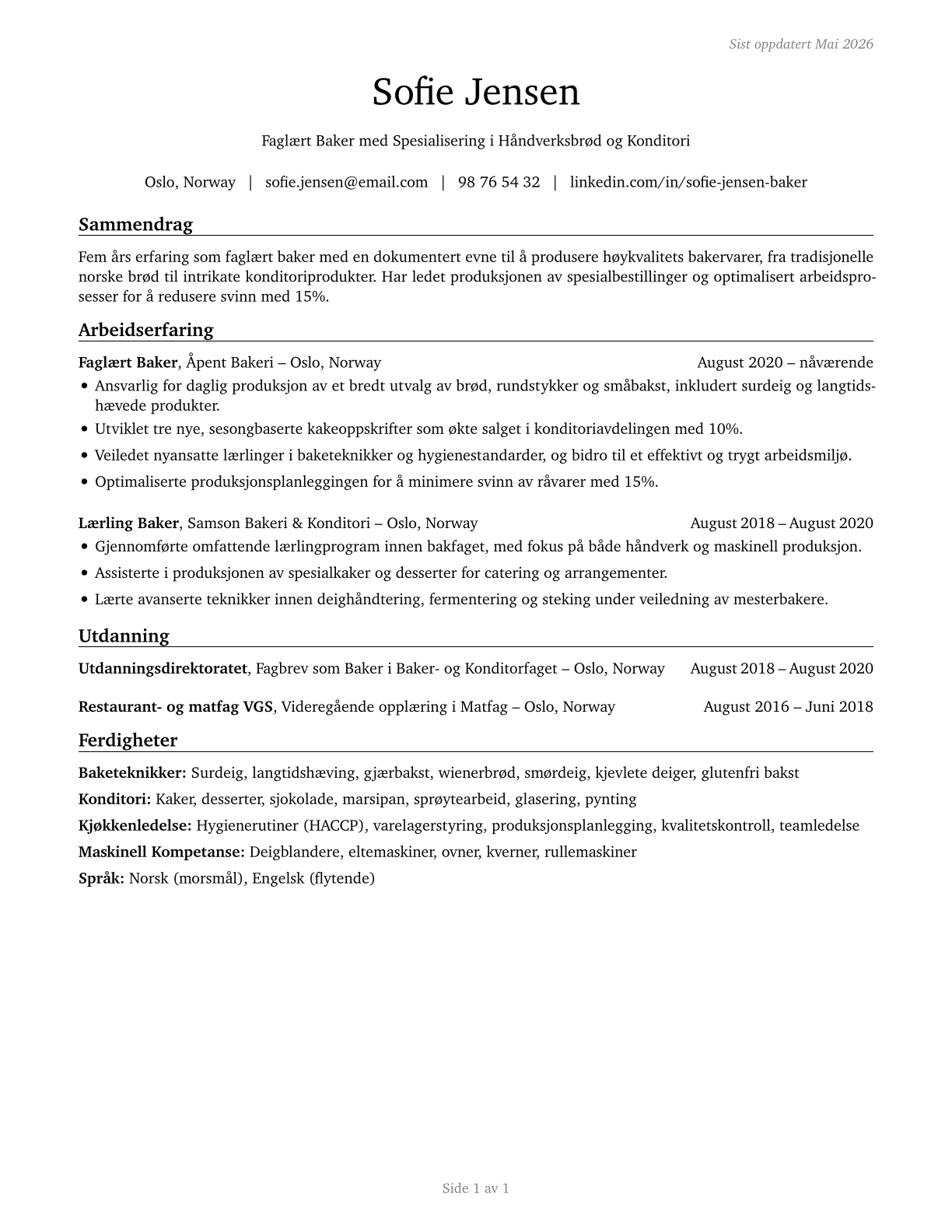 Bakers CV in Norwegian_bokmal — page 1