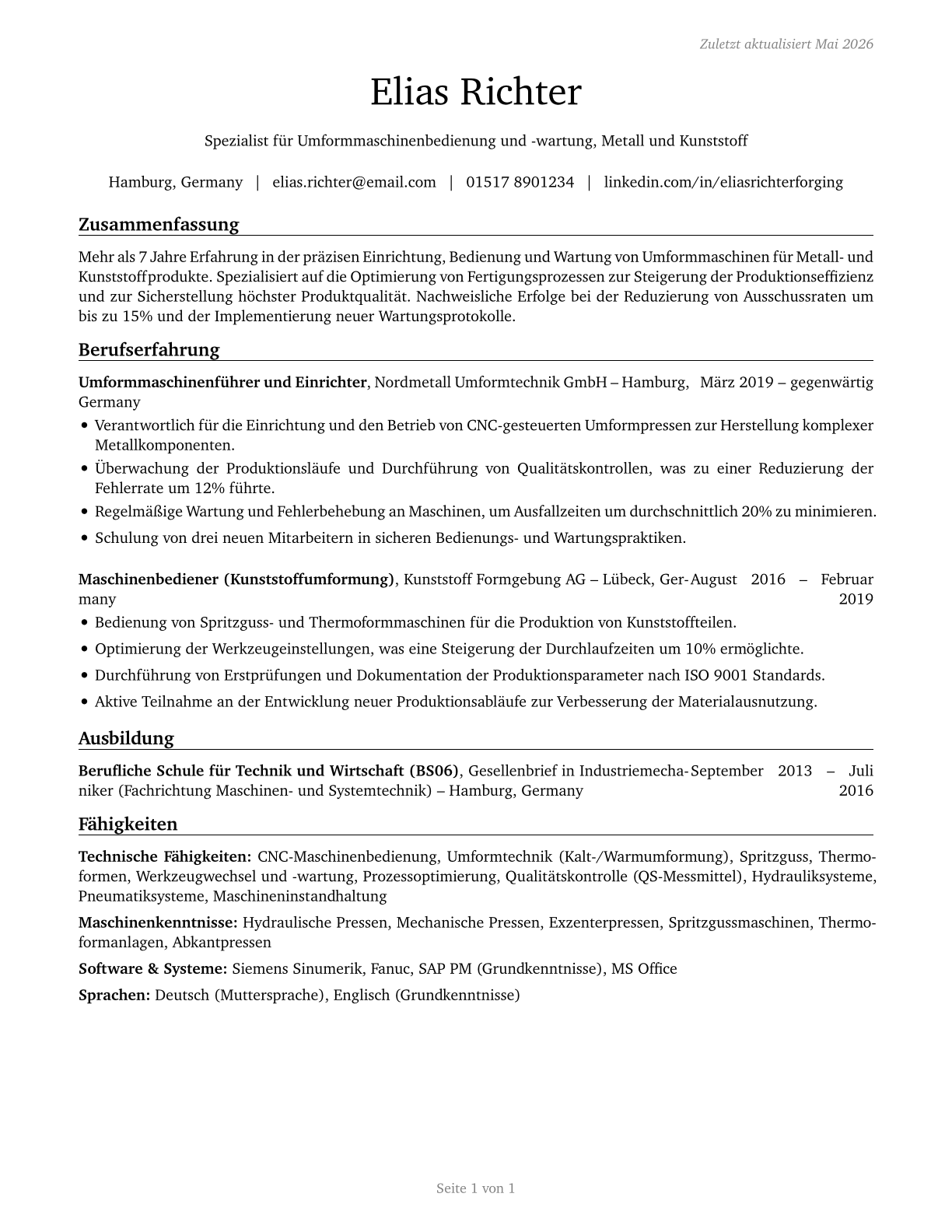 Forging Machine Setters, Operators, and Tenders, Metal and Plastic CV in German — page 1