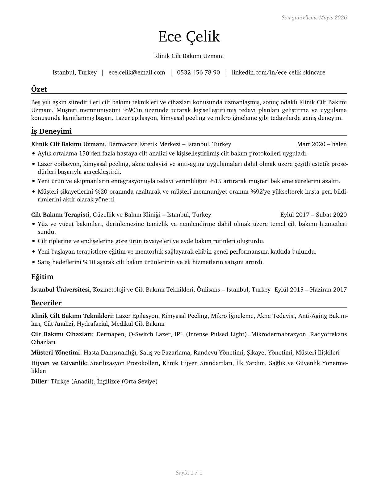 Skincare Specialists CV in Turkish — page 1
