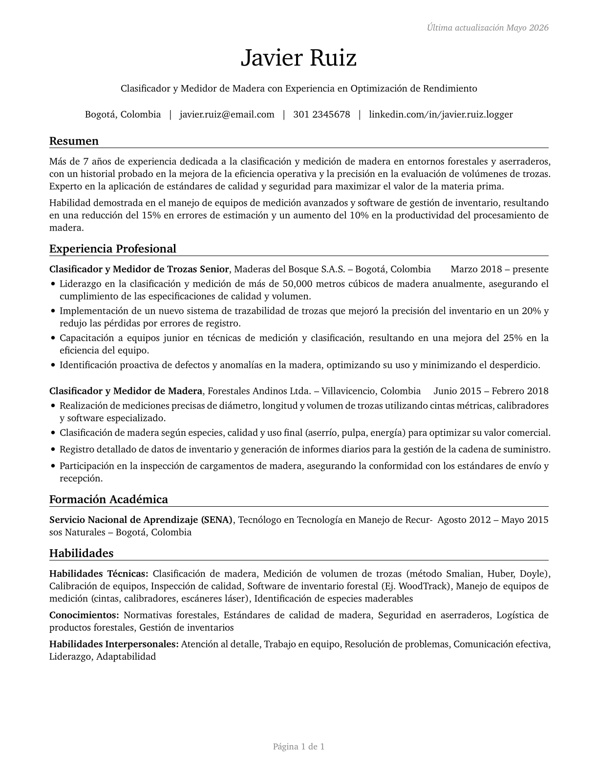 Log Graders and Scalers CV in Spanish — page 1