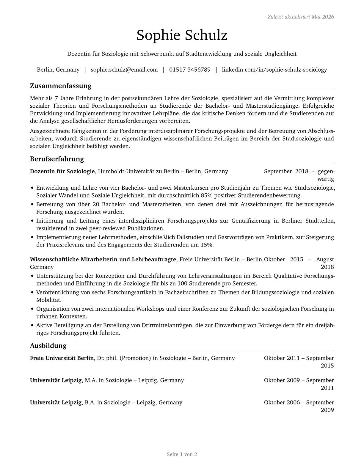 Sociology Teachers, Postsecondary CV in German — page 1