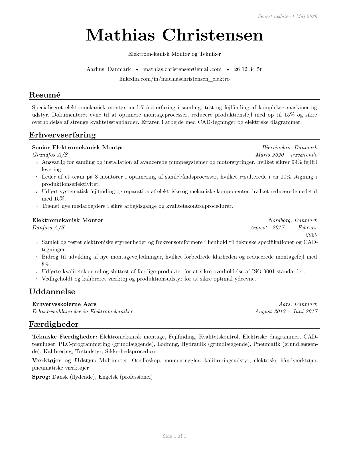 Electromechanical Equipment Assemblers CV in Danish — page 1