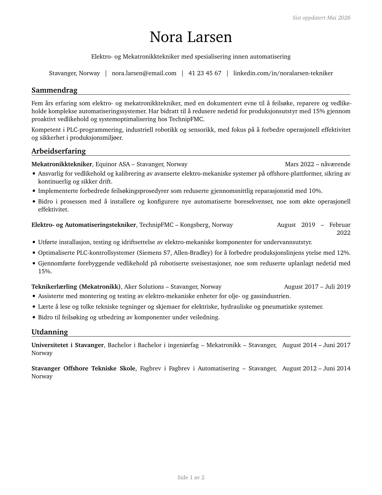 Electro-Mechanical and Mechatronics Technologists and Technicians CV in Norwegian_bokmal — page 1