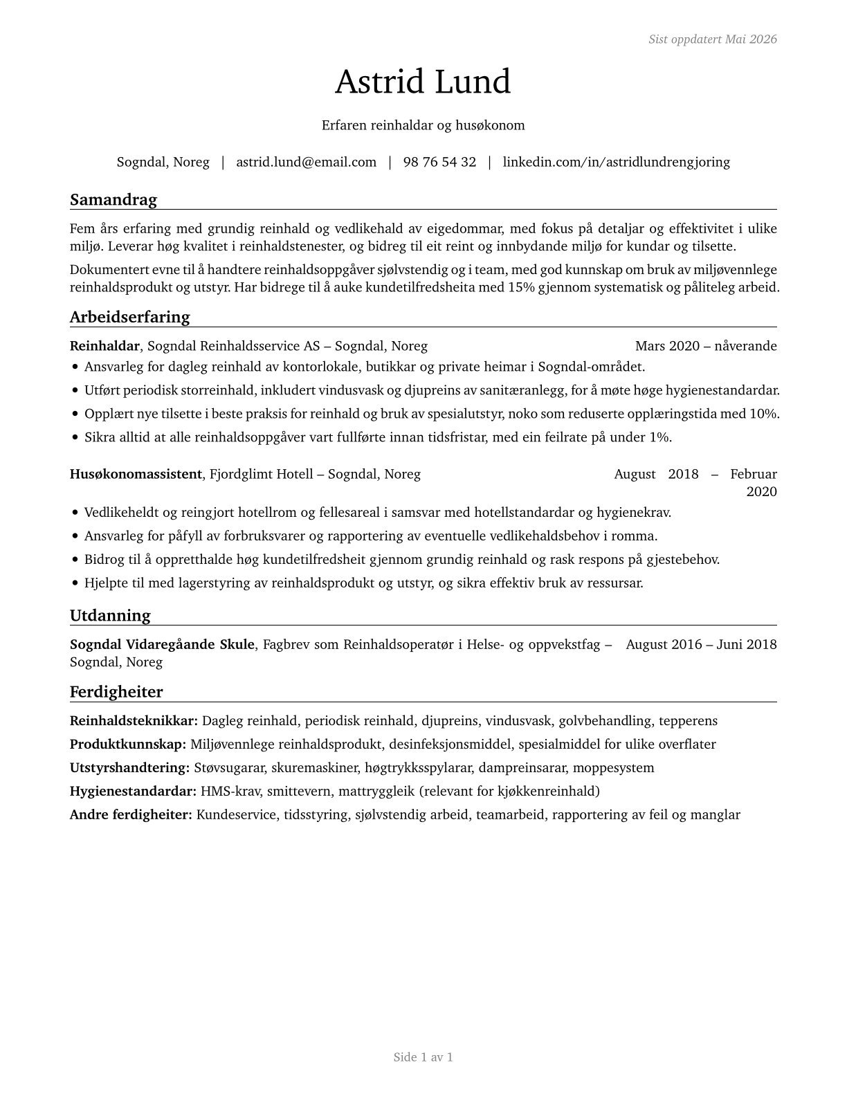 Maids and Housekeeping Cleaners CV in Norwegian_nynorsk — page 1