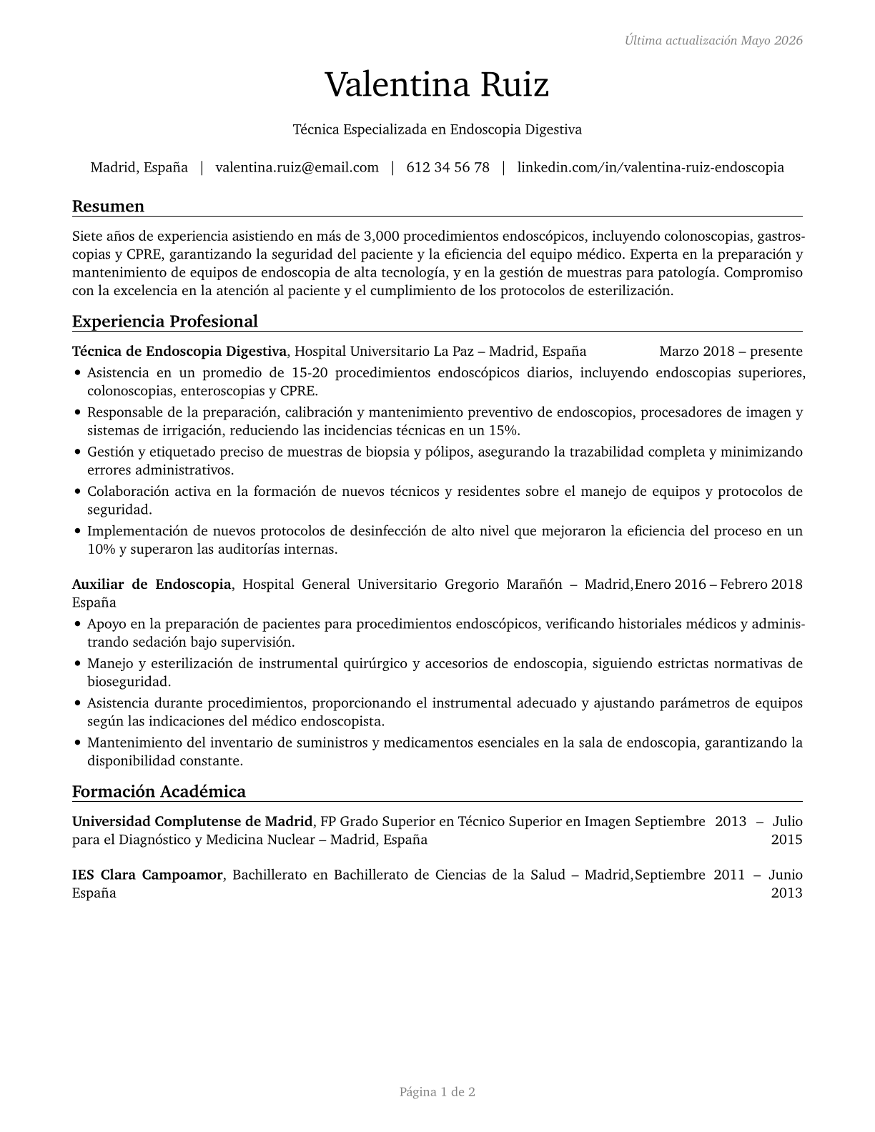 Endoscopy Technicians CV in Spanish — page 1