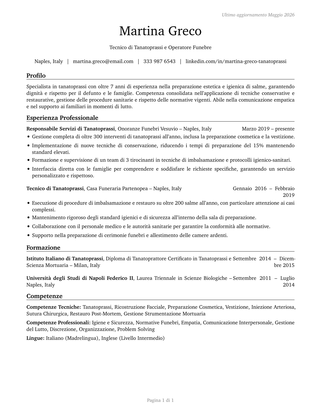 Embalmers CV in Italian — page 1