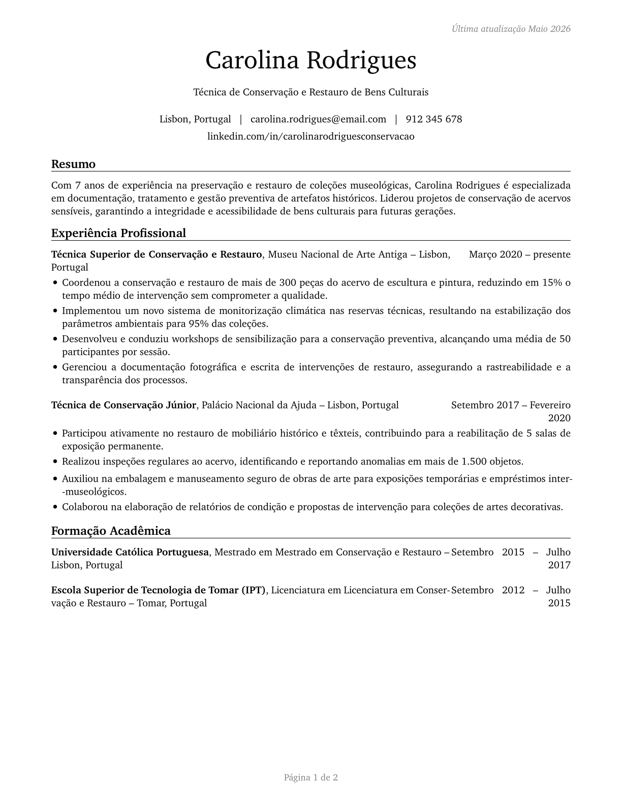 Museum Technicians and Conservators CV in Portuguese — page 1