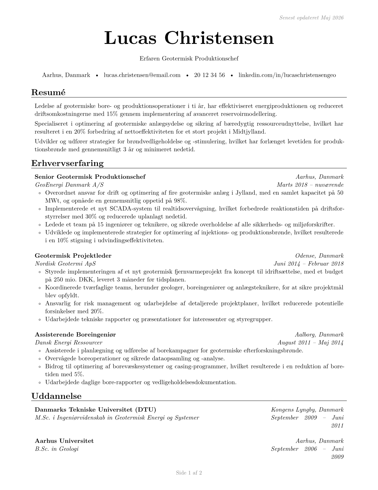 Geothermal Production Managers CV in Danish — page 1