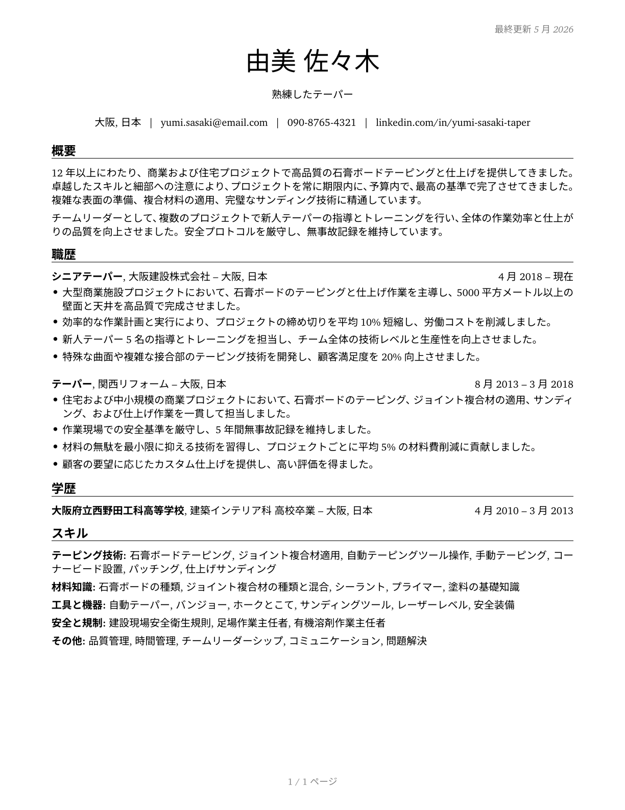 Tapers CV in Japanese — page 1