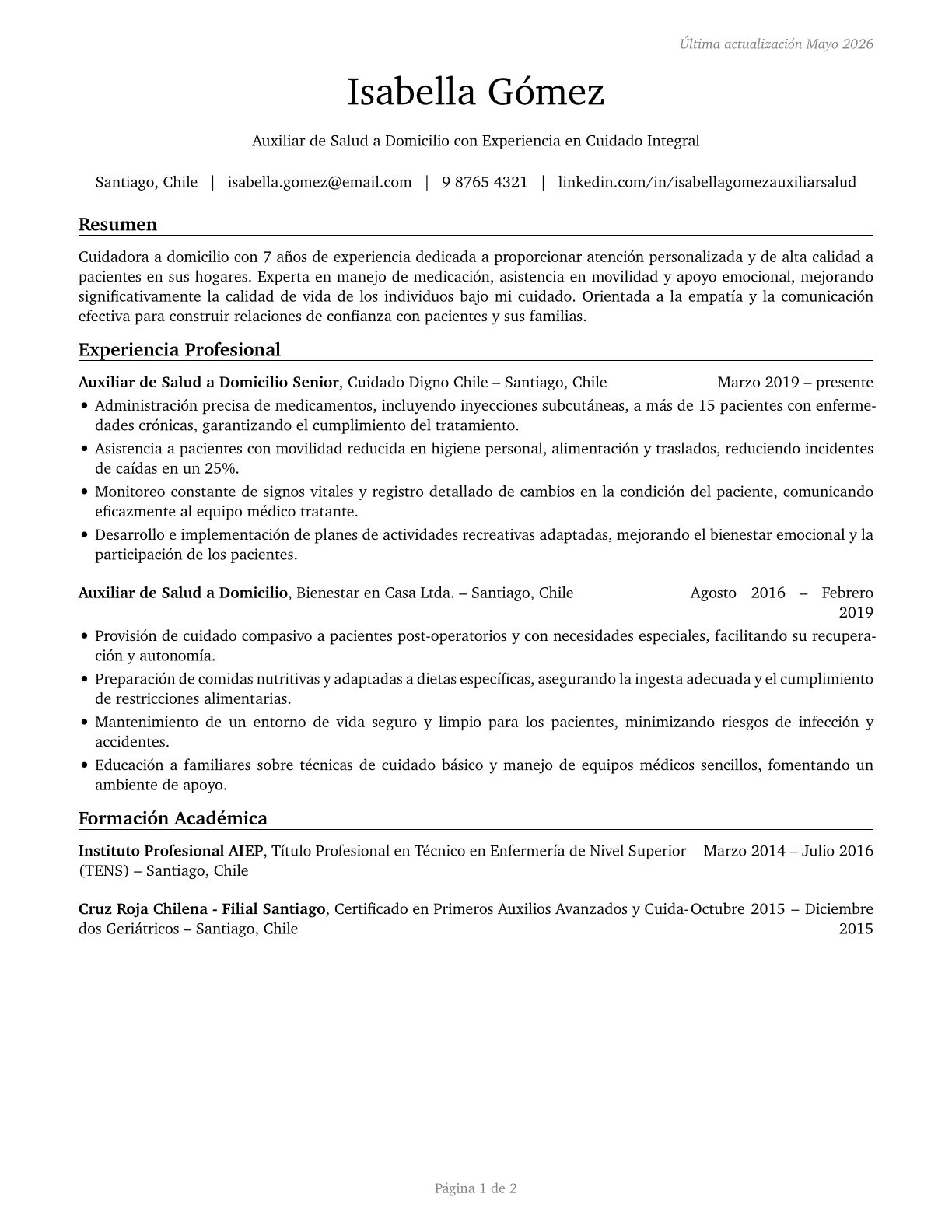 Home Health Aides CV in Spanish — page 1