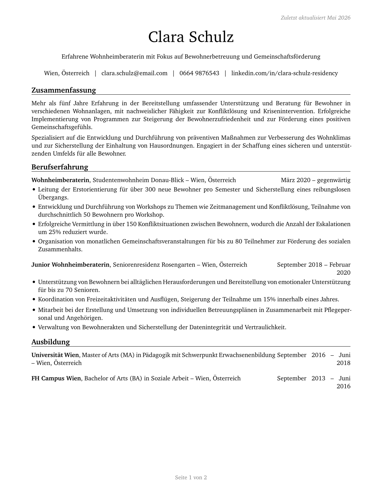 Residential Advisors CV in German — page 1