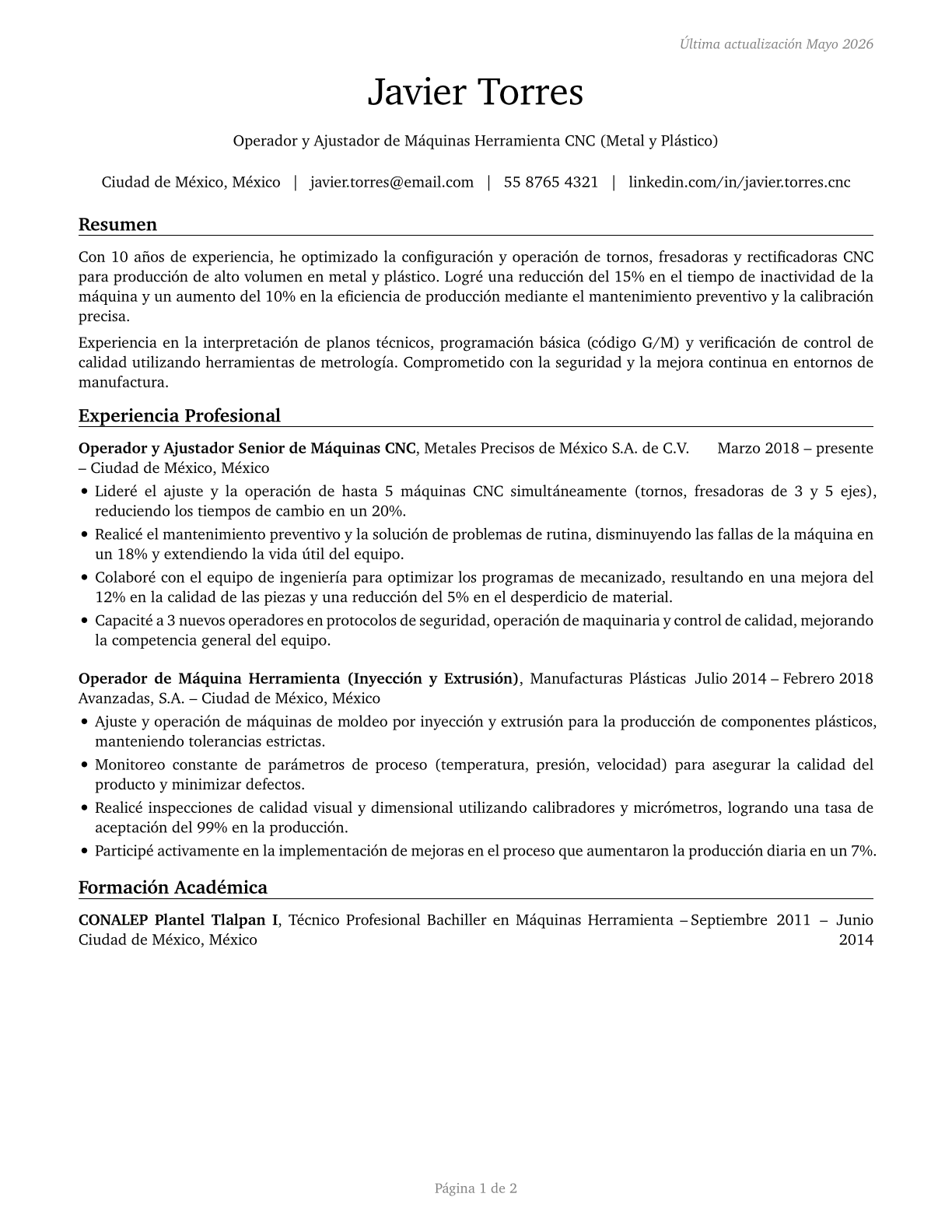 Multiple Machine Tool Setters, Operators, and Tenders, Metal and Plastic CV in Spanish — page 1