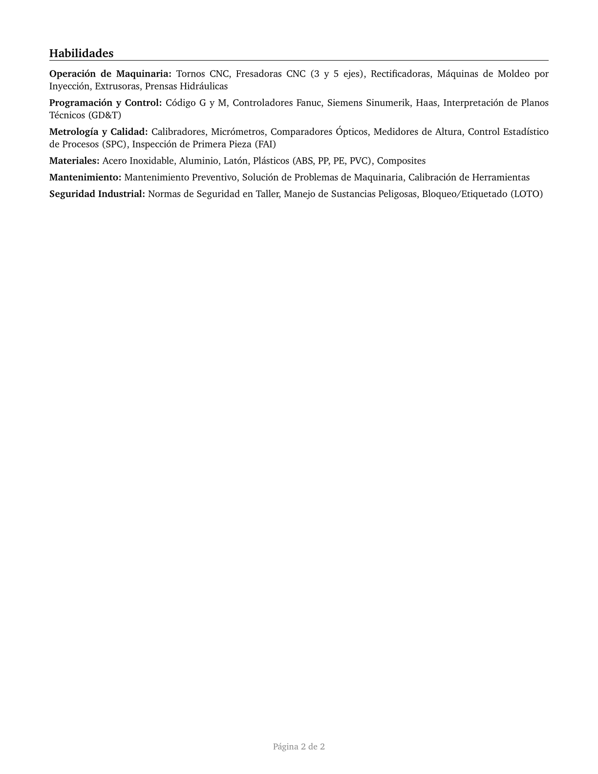Multiple Machine Tool Setters, Operators, and Tenders, Metal and Plastic CV in Spanish — page 2