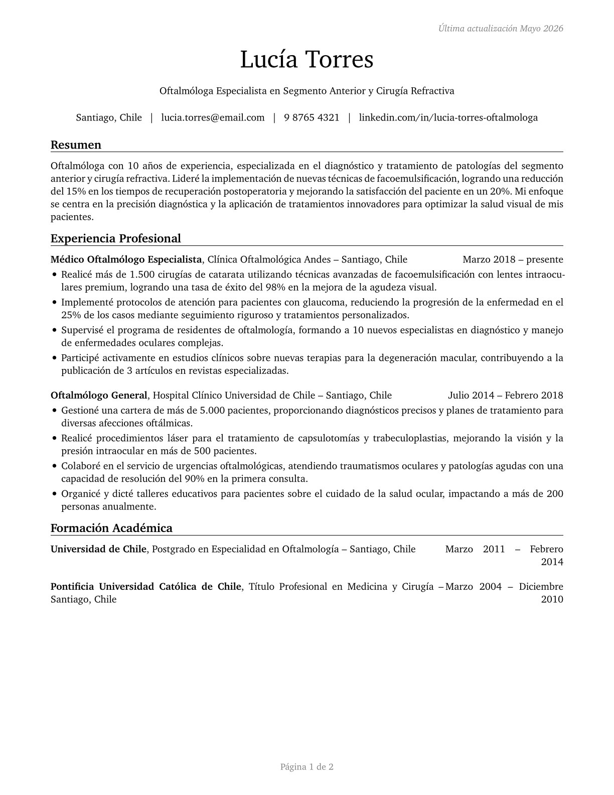 Ophthalmologists, Except Pediatric CV in Spanish — page 1
