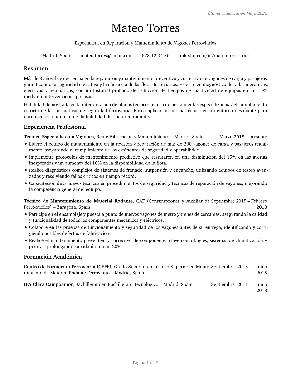 Rail Car Repairers CV in Spanish — page 1